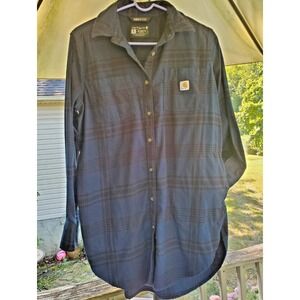 Carhartt Shirt Women Med Black Blue Plaid Rugged Flex Flannel Shacket Long Tails
